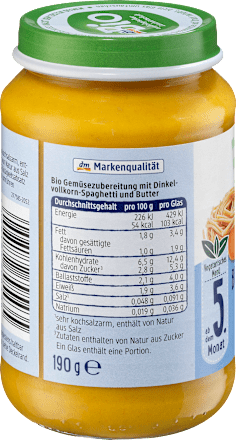 Menü Buttergemüse mit Vollkornpasta ab dem 5. Monat dmBio