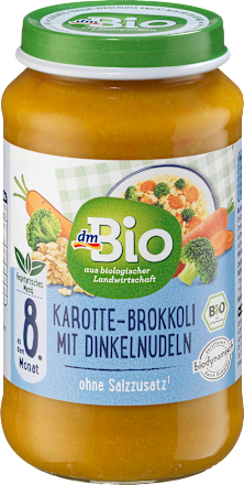 Bio zelenjavni pripravek iz korenja in brokolija s polnozrnatimi pirinimi testeninami, od 8. meseca dmBio