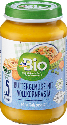 Bio zelenjavna kašica s polnozrnatimi pirinimi testeninami in maslom, 5m+ dmBio