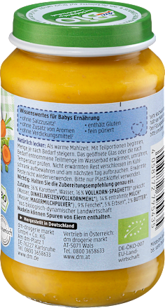 Menü Buttergemüse mit Vollkornpasta ab dem 5. Monat dmBio