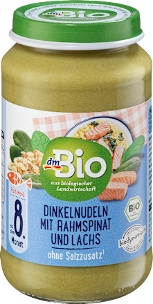 Makaron orkiszowy ze szpinakiem i łososiem, od 8. miesiąca dmBio