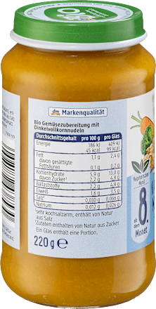 Menu Marchewka i brokuł z makaronem orkiszowym od 8. miesiąca życia dmBio