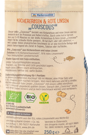 Couscous BIO a base di ceci e lenticchie rosse dmBio