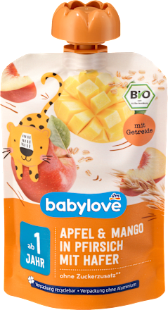 Quetschie Apfel & Mango in Pfirsich mit Hafer recyclebar ab 1 Jahr babylove