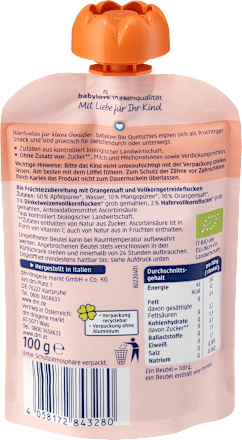 Mus jabłko, mango, pomarańcza, z pełnoziarnistymi zbożami, od 1. roku życia babylove