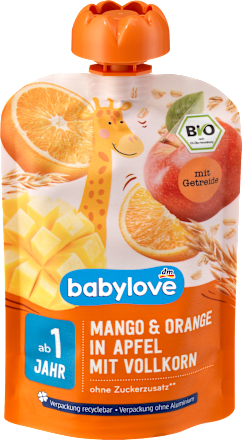 Mus jabłko, mango, pomarańcza, z pełnoziarnistymi zbożami, od 1. roku życia babylove