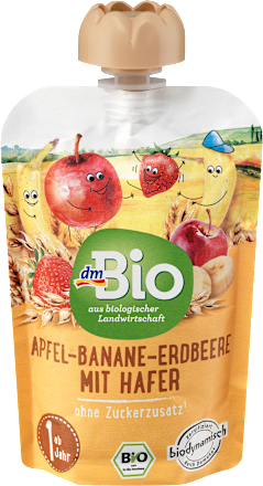 Bio gyümölcspüré alma-banán-eper zabpehellyel, 1 éves kortól dmBio