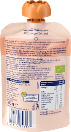 Quetschie Apfel & Mango in Pfirsich mit Hafer recyclebar ab 1 Jahr babylove