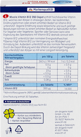 Vitamin B12, depo tablete, dodatak ishrani Mivolis