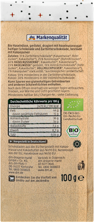 geröstete Haselnüsse in Nussnougat und Zartbitterschokolade dmBio