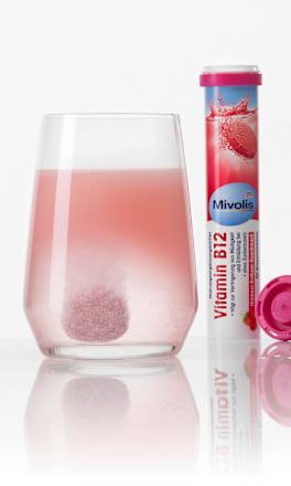 šumivé tablety Vitamín B12 s malinovo-jahodovou příchutí Mivolis
