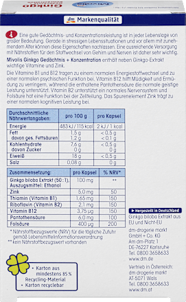 Ginkgo Gedächtnis + Konzentration Kapseln, 40 St. Mivolis