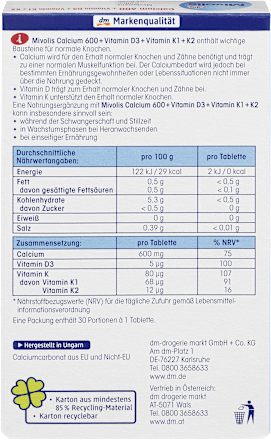 Calcium 600 + Vitamin D3 + K1 + K2, 30 St Mivolis