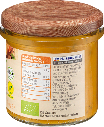 Gemüseaufstrich, Süßkartoffel Karotte-Zucchini dmBio