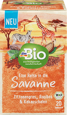 Eine Reise in die Savanne Zitronengras, Rooibos und Kakaoschalen Tee dmBio