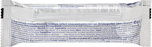 Fehérjeszelet 50% fehérjével, sztracsatella-kakaó ízű, ropogós darabkákkal, maltit-csokoládébevonattal, édesítőszerekkel Sportness