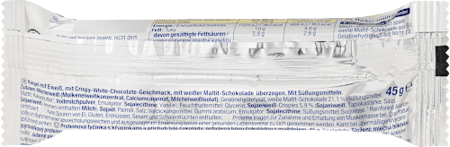 Fehérjeszelet 50% fehérjével, fehércsokoládé ízű, ropogós darabkákkal, fehér maltit-csokoládé bevonattal, édesítőszerekkel Sportness