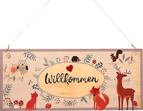 Holzschild "Willkommen" mit Waldtieren Dekorieren & Einrichten