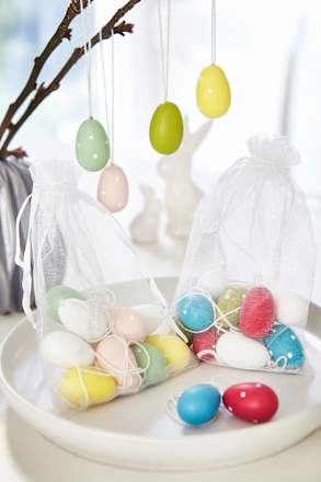 Holzeier im Beutel zum Aufhängen, bunt Dekorieren & Einrichten