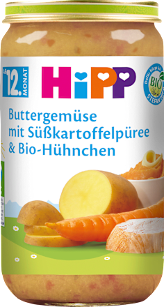 Menü Buttergemüse mit Süßkartoffelpüree & Bio-Hühnchen ab dem 12. Monat HiPP
