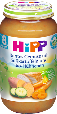 Menü Buntes Gemüse mit Süßkartoffeln & Bio-Hühnchen ab 8. Monat HiPP