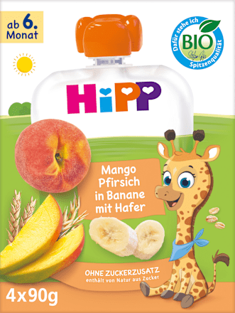 Quetschie Frucht-Porridge Mango-Pfirsich in Banane mit Hafer ab dem 6. Monat (4x90 g) HiPP