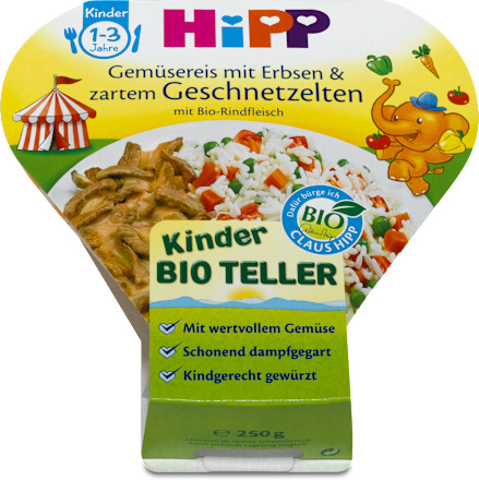 Kinderteller Gemüsereis mit Erbsen & zartem Geschnetzelten ab 1 Jahr HiPP