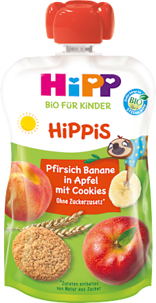 Hippis EKO voćni pire – breskva, banana i jabuka s dječjim keksom, 1+ g. HiPP