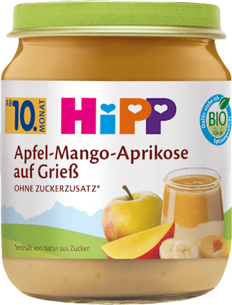 Frucht & Getreide Dessert Apfel-Mango-Aprikose auf Grieß ab dem 10. Monat HiPP