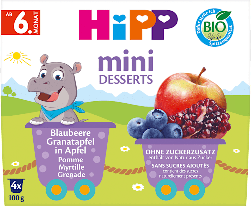 Früchte Mini Desserts Blaubeere, Granatapfel in Apfel ab dem 6. Monat (4x100 g) HiPP