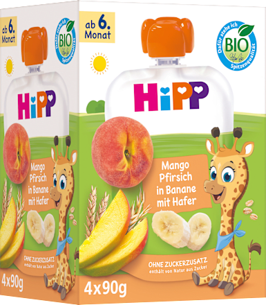 Quetschie Frucht-Porridge Mango-Pfirsich in Banane mit Hafer ab dem 6. Monat (4x90 g) HiPP