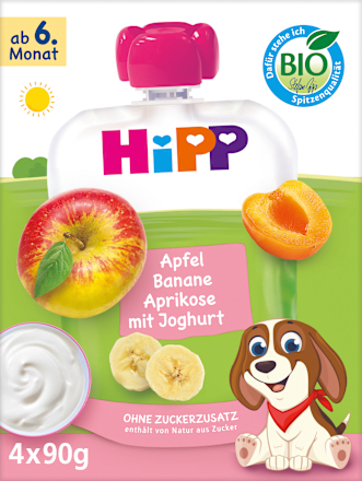Quetschie Apfel Banane Aprikose mit Joghurt, ab 6. Monat (4x90 g) HiPP