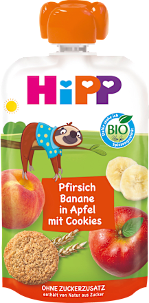 Hippis EKO voćni pire – breskva, banana i jabuka s dječjim keksom, 1+ g. HiPP