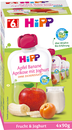 Quetschie Apfel Banane Aprikose mit Joghurt, ab 6. Monat (4x90 g) HiPP