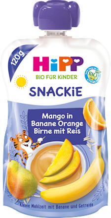 ORGANIC SNACKIE voćni pire - mango, banana, pomorandža sa pirinčanim brašnom, od 1. godine HiPP