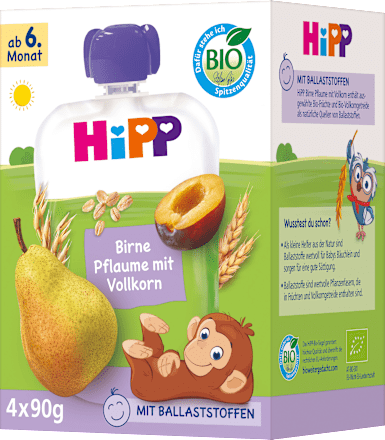 Quetschie Birne, Pflaume mit Vollkorn ab dem 6. Monat (4x90 g) HiPP