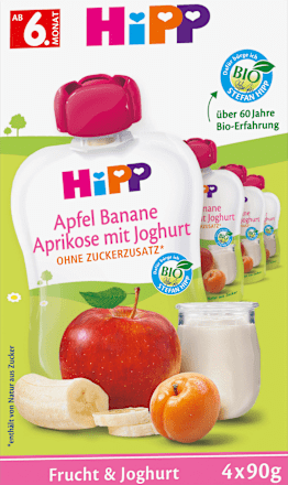 Quetschie Apfel Banane Aprikose mit Joghurt, ab 6. Monat (4x90 g) HiPP