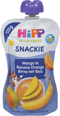 Bio sadni žepek Snackie z okusom manga, banane, pomaranče in hruške z rižem HiPP