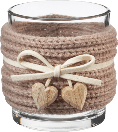 Kerzenhalter aus Glas mit Strickbordüre, Lederband & Holzherzen, braun BOLTZE