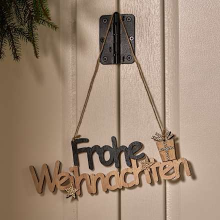 Holzschriftzug "Frohe Weihnachten", schwarz-natur-gold beglittert BOLTZE