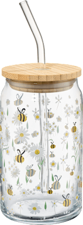 Trinkglas mit Deckel & Strohhalm, Bienen (450 ml) BOLTZE