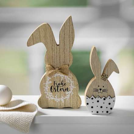 Holzaufsteller Hase Eiform, natur-weiß-schwarz gepunktet BOLTZE