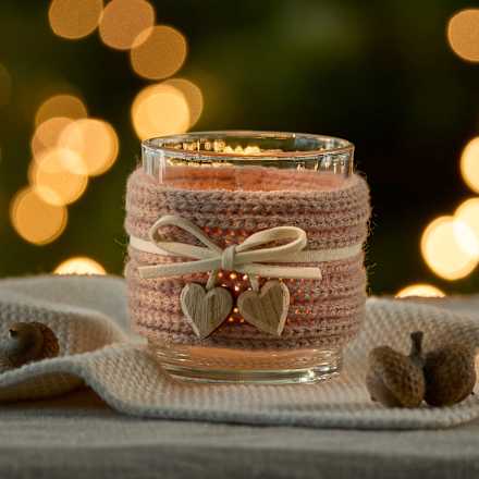 Kerzenhalter aus Glas mit Strickbordüre, Lederband & Holzherzen, braun BOLTZE
