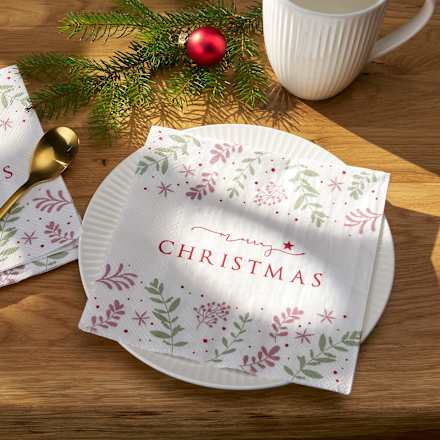 Servietten "merry CHRISTMAS" mit Zweigen, weiß-rot-grün (33x33 cm) BOLTZE
