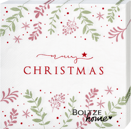 Servietten "merry CHRISTMAS" mit Zweigen, weiß-rot-grün (33x33 cm) BOLTZE