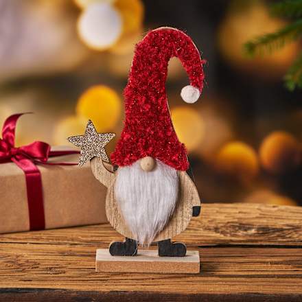 Holzaufsteller, Wichtel mit Teddyfellmütze & Glitterstern, bordeaux BOLTZE