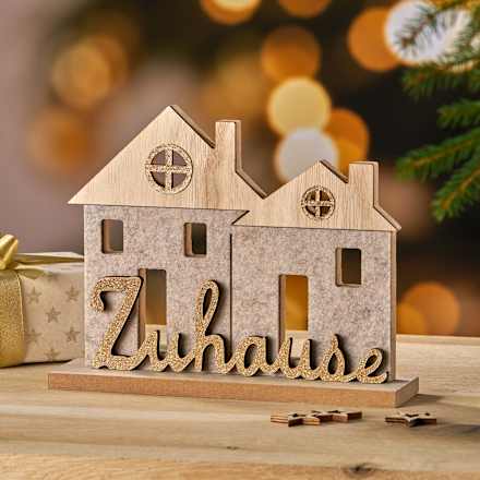 Holzaufsteller, Haus "Zuhause" mit Filzbezug, natur-beige-gold BOLTZE