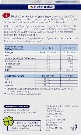 Cink + Histidin + Cistein tablete sa modifikovanim oslobađanjem, dodatak ishrani Mivolis