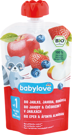 Bio gyümölcspüré eper és fekete áfonya almában, 1 éves kortól babylove