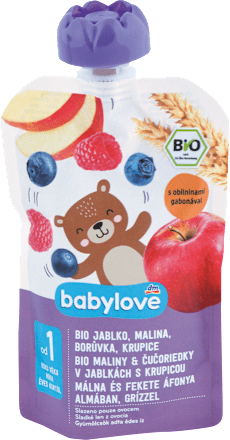 Bio gyümölcspüré málna és fekete áfonya almában, grízzel, 1 éves kortól babylove
